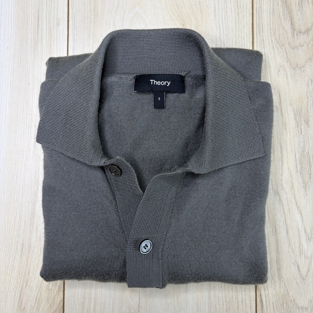 Theory Wool Knit Polo Shirt Mens Small Slim Fit Gray Long Sleeve Casual Soft